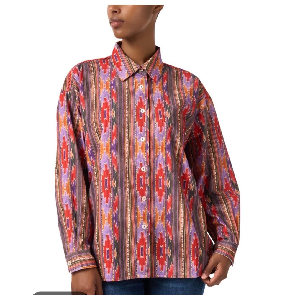 ROS GARDEN Nepal Button Down Shirt XS Red Colorful NEW Aztec Western Boxy Stripe